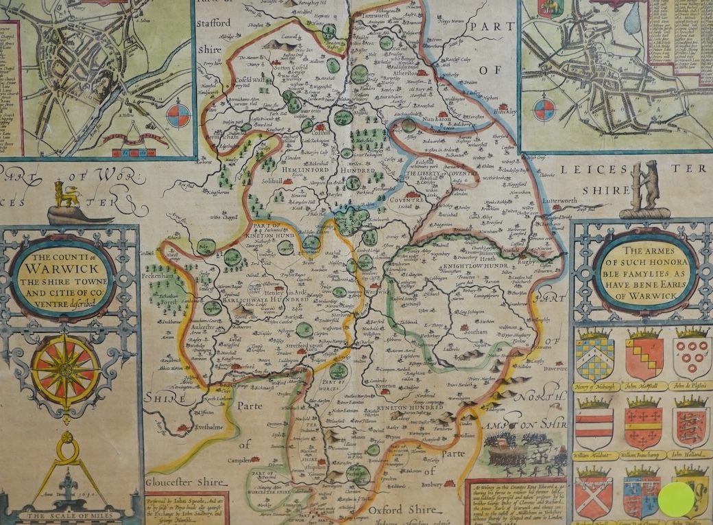 John Speed (1552-1629), The County of Warwick, sold by John Sudbury and George Humble, text verso, hand coloured engraved map, 39 x 51cm